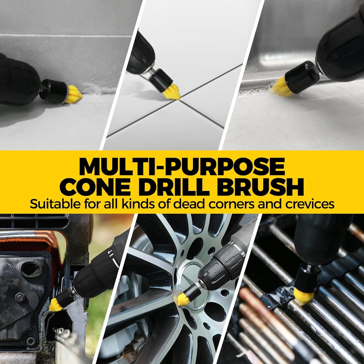 6-Pack Heavy-Duty Drill Brush Power Scrubber Set - Versatile Cleaning Attachments for Grout, Floors, Tubs, Showers, Tiles, and More - Bright Yellow