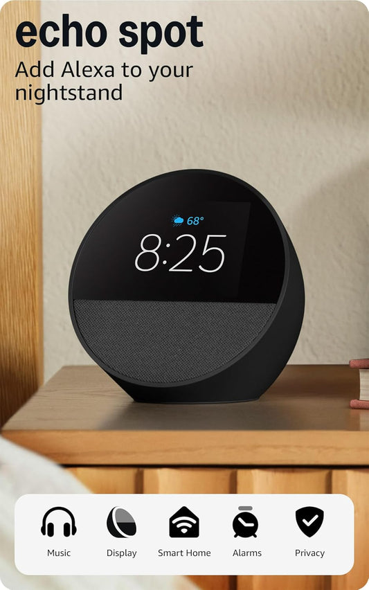 Echo Spot Smart Alarm Clock with Alexa - Ideal for Nightstands, Offices, and Kitchens, Black