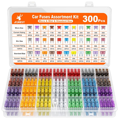 Ultimate 300-Piece Car Fuse Assortment Kit - 160 Mini, 90 Standard, 50 Micro Fuses with Puller – Perfect for RVs, Campers, Boats, and Trucks (2A to 40A)