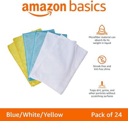 Premium Ultra Absorbent Microfiber Cleaning Cloths - Lint Free, Streak Free, Non-Abrasive, Reusable & Washable - 16" X 12" - Pack of 24 (Blue/White/Yellow)