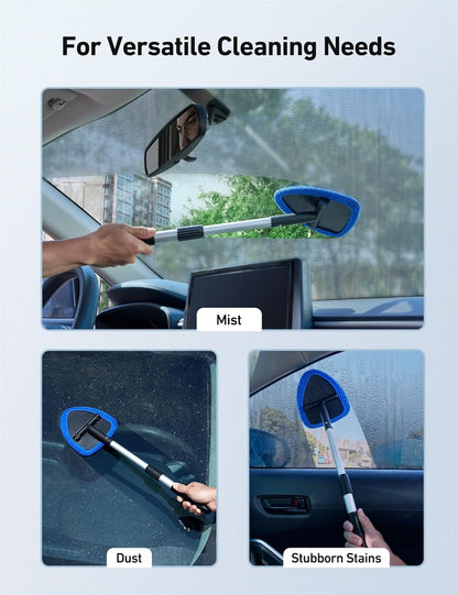 Ultimate Windshield Cleaner Tool - Car Interior Detailing Kit with Extendable Handle & 4 Reusable Microfiber Pads, Perfect for Auto Glass Wiping - 15.9In-21In, Blue