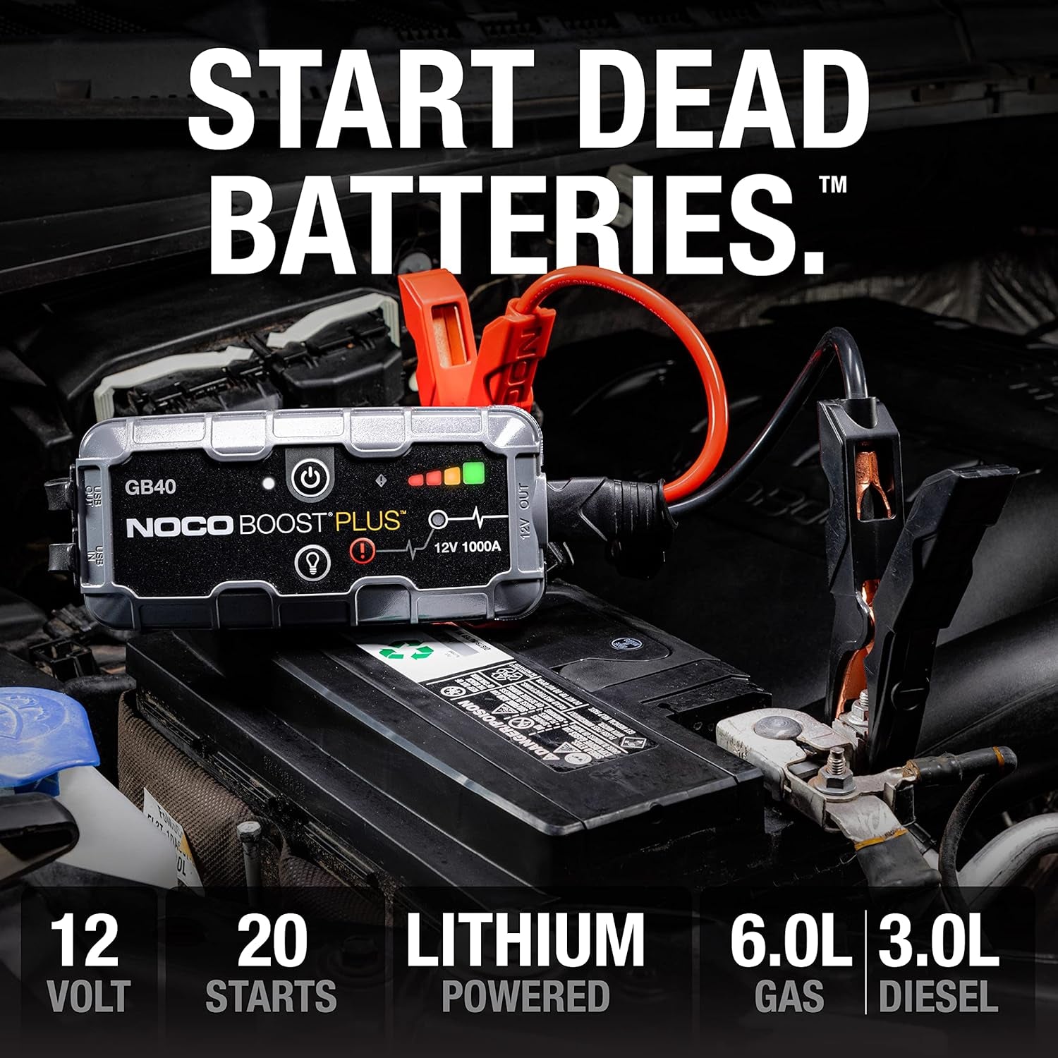 Boost GB40 Jump Starter: 1000A Ultra-Safe Lithium Battery Booster Pack for 6.0L Gas & 3.0L Diesel Engines - Portable Power Bank & Jumper Cables Included