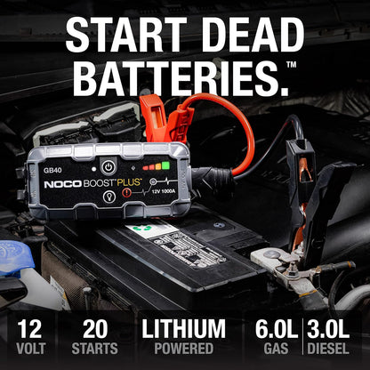 Boost GB40 Jump Starter: 1000A Ultra-Safe Lithium Battery Booster Pack for 6.0L Gas & 3.0L Diesel Engines - Portable Power Bank & Jumper Cables Included