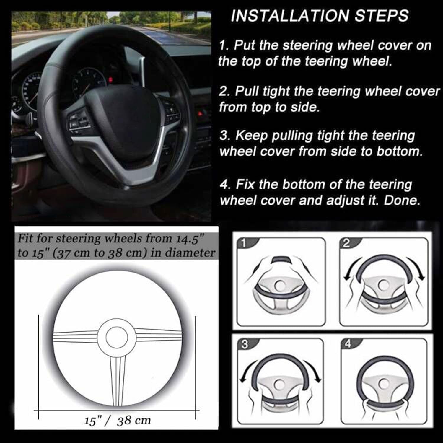 Premium Black Microfiber Leather Steering Wheel Cover - Universal 15 Inch Fit