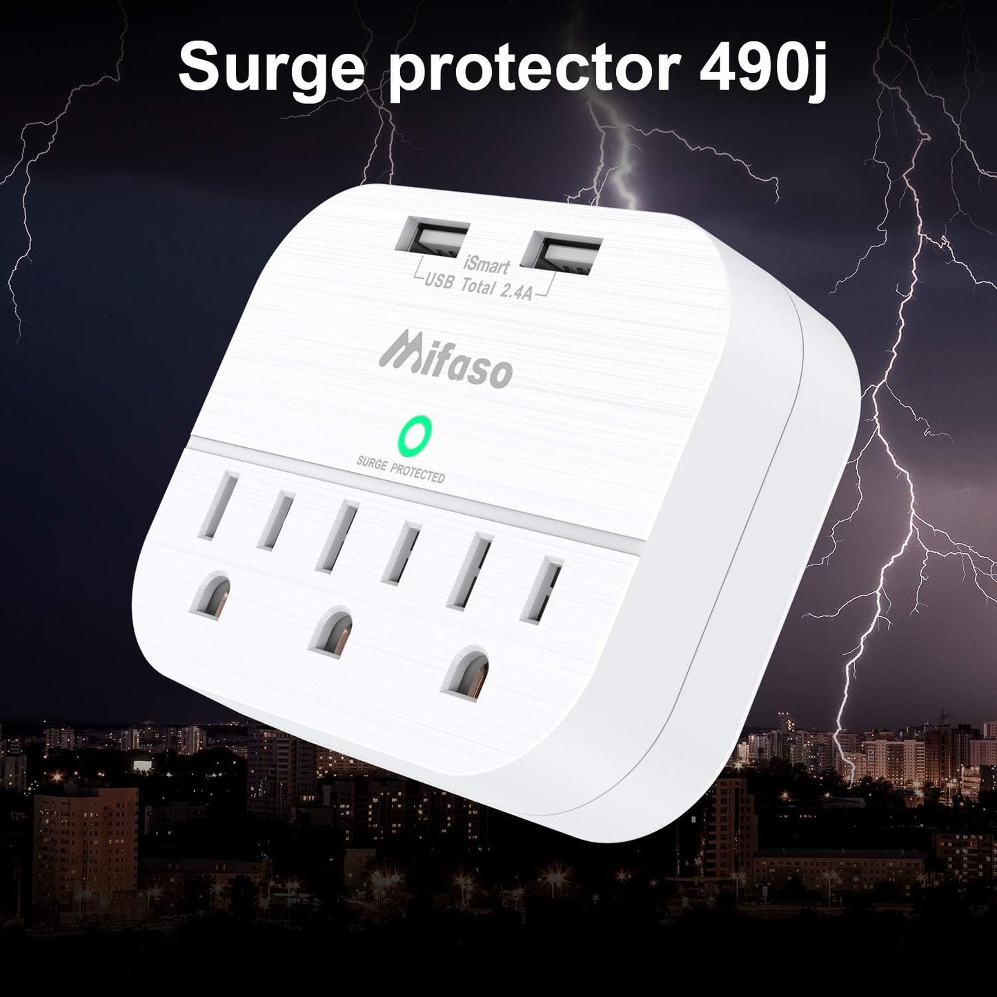 3-Outlet Surge Protector with Dual USB Wall Charger (Smart 2.4A) - Multi-Plug Outlet Extender for Home, Office, and Travel - 490 Joules, White