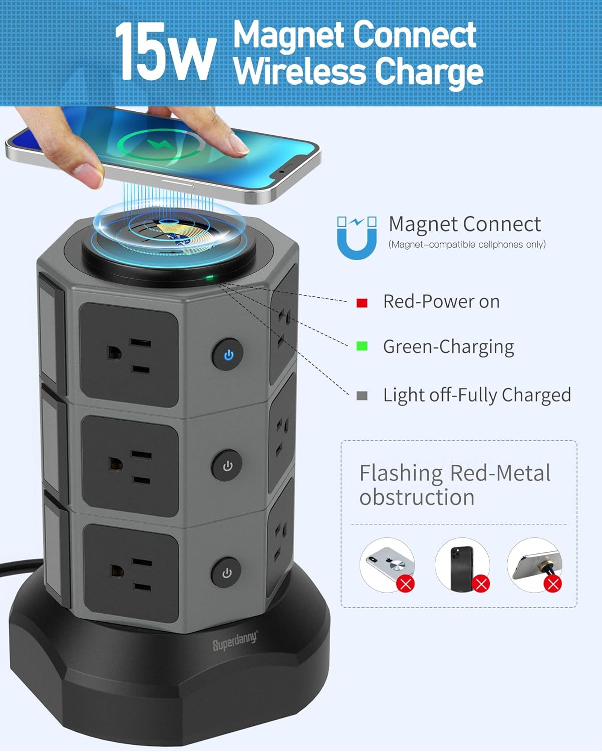 Surge Protector Power Strip Tower with 15W Magnetic Wireless Charger, 1050J, 13A Charging Station featuring 12 AC Outlets and 6 USB Ports, 6.5Ft Extension Cord for Home and Office Use, Grey