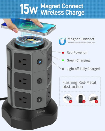 Surge Protector Power Strip Tower with 15W Magnetic Wireless Charger, 1050J, 13A Charging Station featuring 12 AC Outlets and 6 USB Ports, 6.5Ft Extension Cord for Home and Office Use, Grey