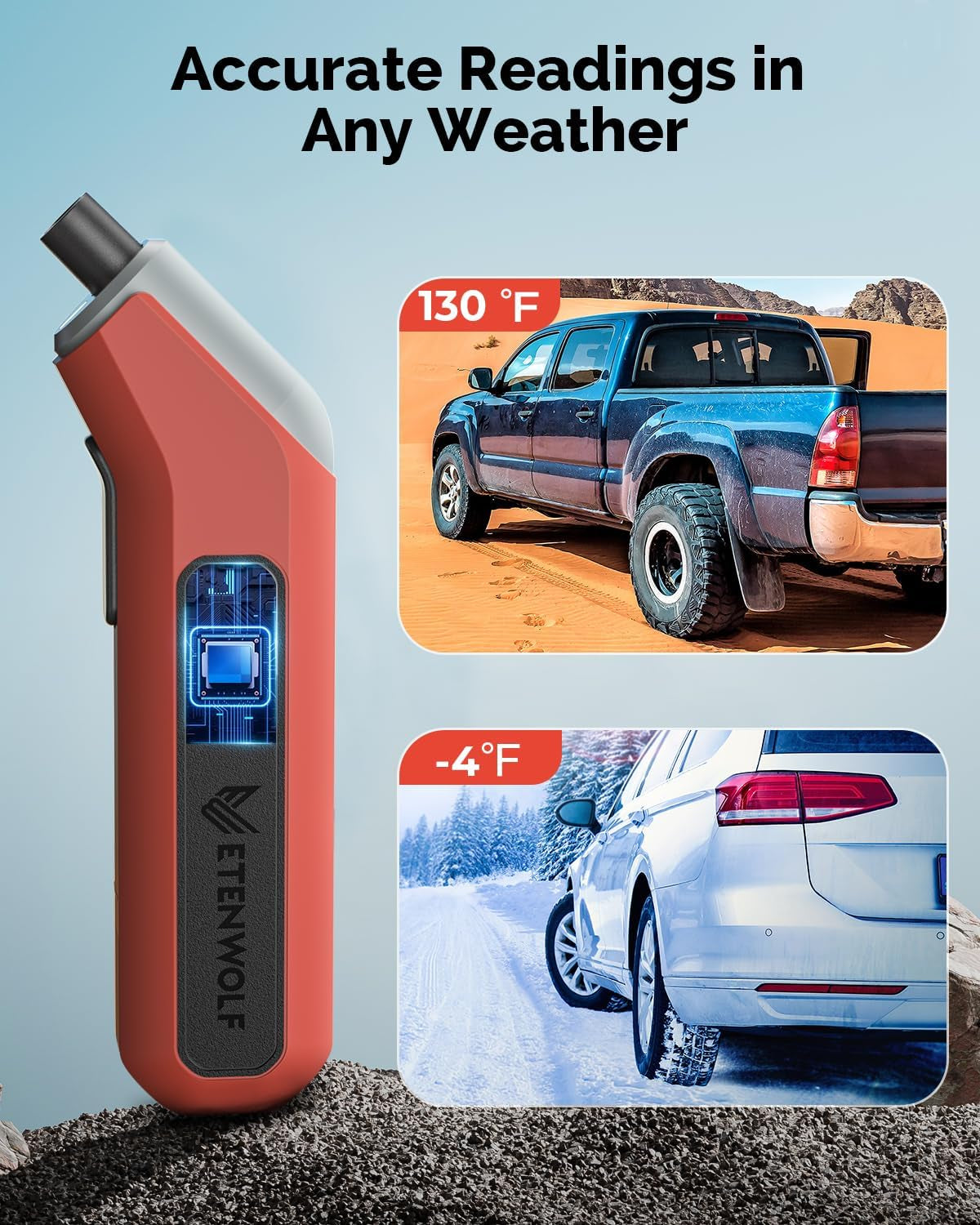 T300 Digital Tire Pressure Gauge - Accurate 3-200 PSI Measurement, ANSI B40.7 Certified, Replaceable AAA Batteries, Eye-Catching Vivid Orange Design