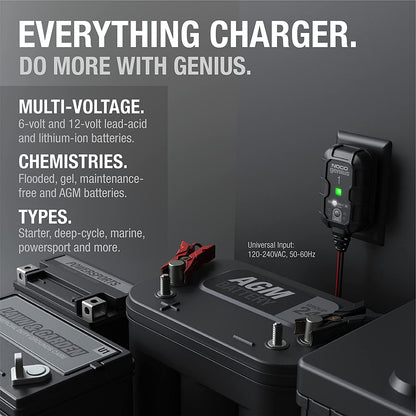 GENIUS1 Smart Battery Charger - 1A 6V/12V Automatic Maintainer & Trickle Charger with Overcharge Protection & Temperature Compensation for Lead-Acid & Lithium Batteries
