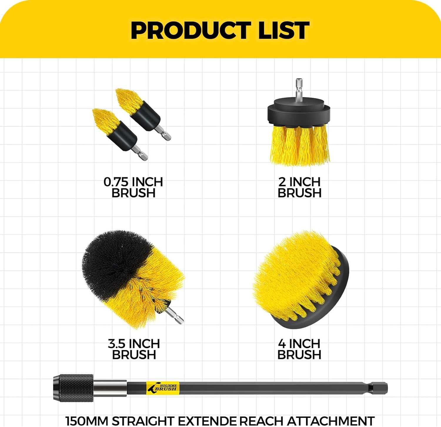 6-Pack Heavy-Duty Drill Brush Power Scrubber Set - Versatile Cleaning Attachments for Grout, Floors, Tubs, Showers, Tiles, and More - Bright Yellow