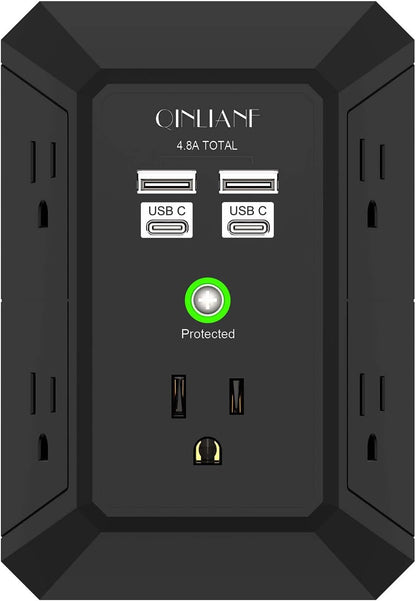 5-Outlet Wall Charger and Surge Protector with 4 USB Charging Ports (4.8A Total) - 3-Sided Power Strip Multi-Plug Adapter for Home, Travel, and Office (Model 3U1C)