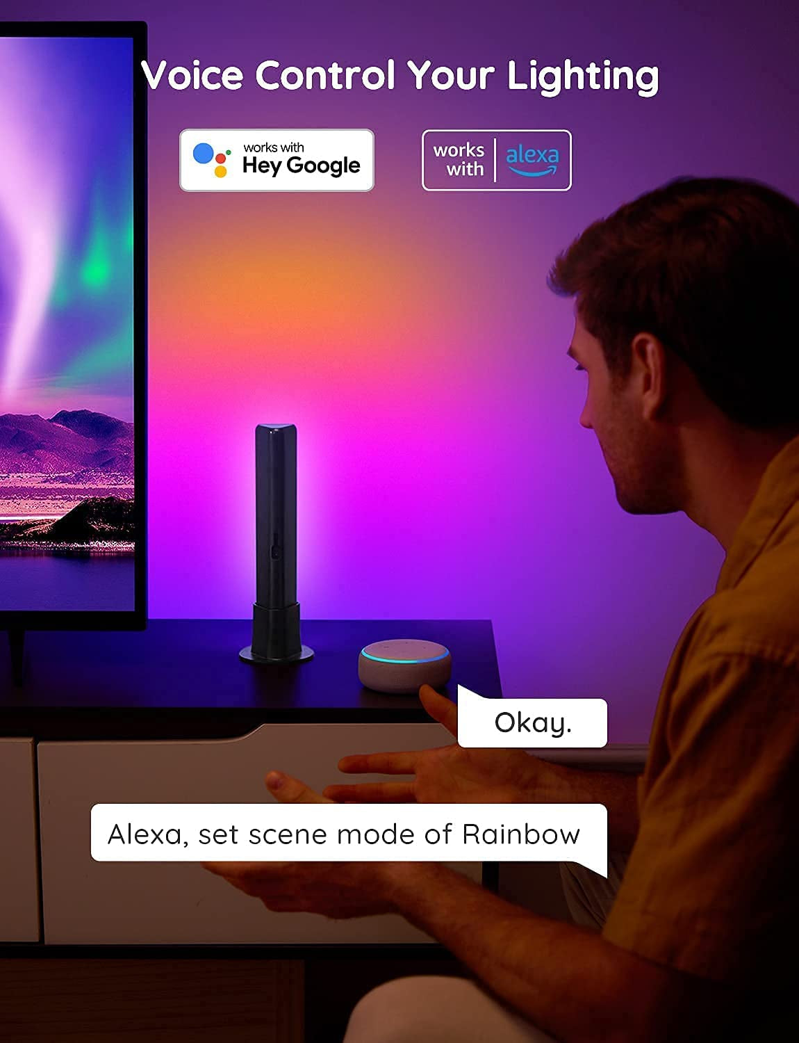 Smart LED Light Bars Compatible with Alexa and Google Assistant, RGBICWW Wi-Fi TV Backlighting with Scene and Music Modes for Gaming, Photography, PC, and Room Decor