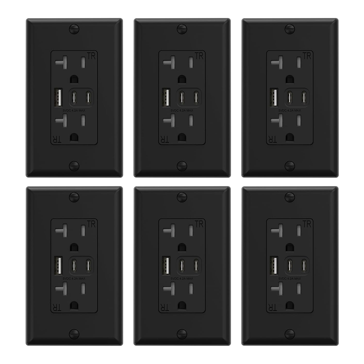 15 Amp Wall Outlet with 3 USB Ports, Dual USB-C Ports, Tamper-Resistant Design, Includes Wall Plate, UL/CUL Listed, Black, 1 Pack