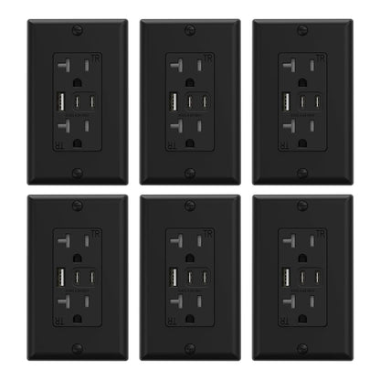 15 Amp Wall Outlet with 3 USB Ports, Dual USB-C Ports, Tamper-Resistant Design, Includes Wall Plate, UL/CUL Listed, Black, 1 Pack