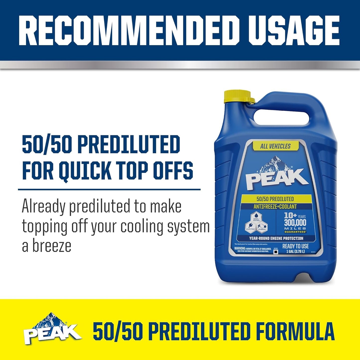 Premium 50/50 Prediluted Antifreeze & Coolant - Year-Round Engine Protection for All Vehicles, 1 Gallon
