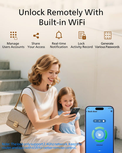 Wi-Fi Enabled Smart Deadbolt Lock with Keyless Entry, Compatible with Alexa and Google Assistant, Remote Access, Built-In Wi-Fi, App Control, Fingerprint and Passcode Unlock, Auto Lock Feature