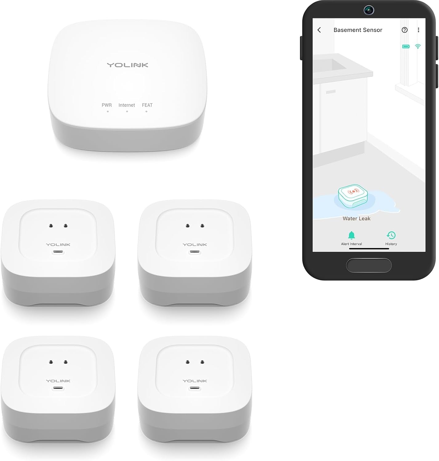 Water Leak Detection Starter Kit: Hub with 4 Leak Sensors, 105 dB Siren, Long-Range Lora Technology, App/SMS/Email Alerts, D2D Offline Capability, 2 AAA Batteries for Up to 5 Years, Compatible with Alexa, IFTTT, and Home Assistant