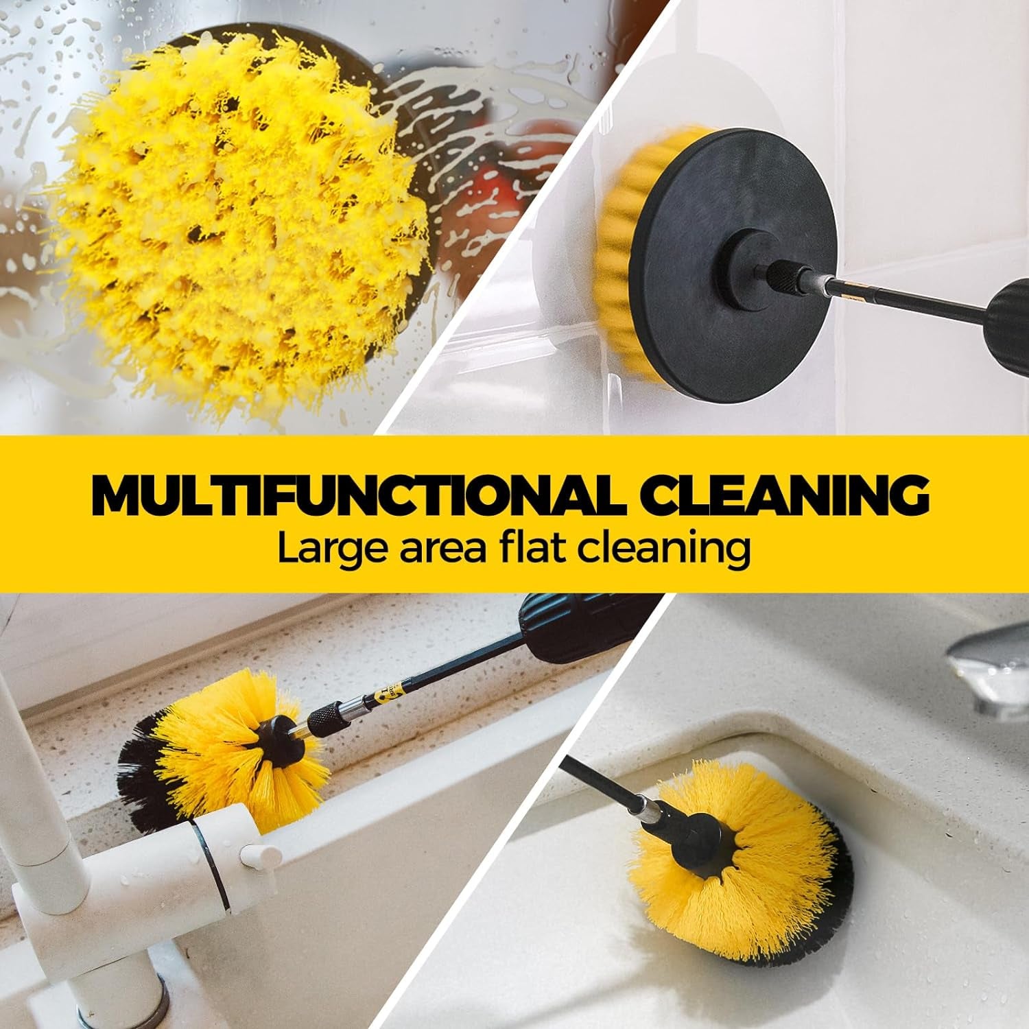 6-Pack Heavy-Duty Drill Brush Power Scrubber Set - Versatile Cleaning Attachments for Grout, Floors, Tubs, Showers, Tiles, and More - Bright Yellow