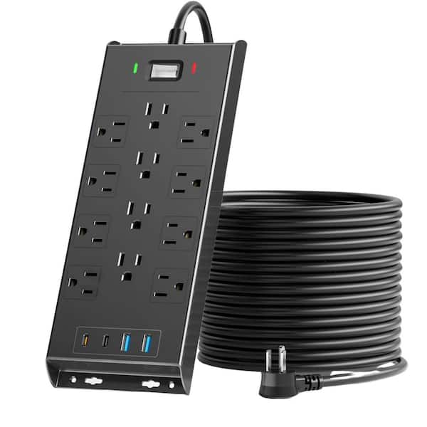 10-Foot 15A Power Strip with 6 Outlets and 4 USB Ports, Surge Protector, 14AWG Extension Cord, Adjustable Angle Flat Plug, Compatible with 110V-240V for Kitchen, Office, Home, and Gaming Room, Gray and White